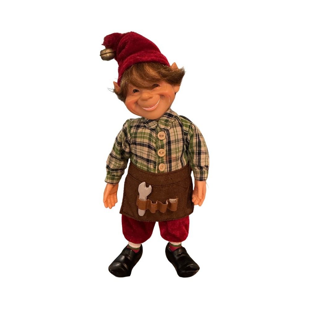 Vintage Christmas Workshop Elf Figurine Red Velvet Plaid Shirt Tool Apron 10in - Picture 2 of 4